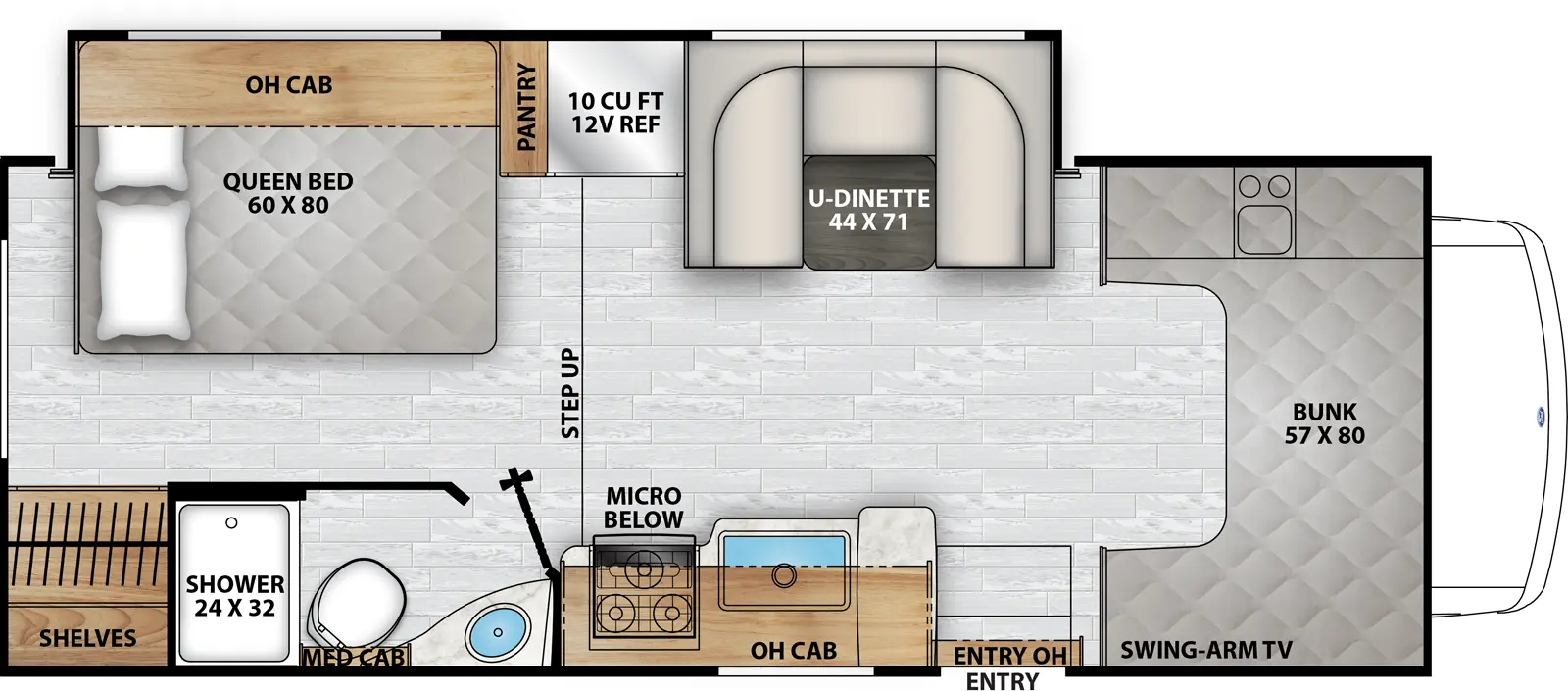 The Freelander 23FS Chevy 3500 has one entry and one slide out. Exterior features include: 17' awning. Interiors features include: bunk over cab and u-dinette.